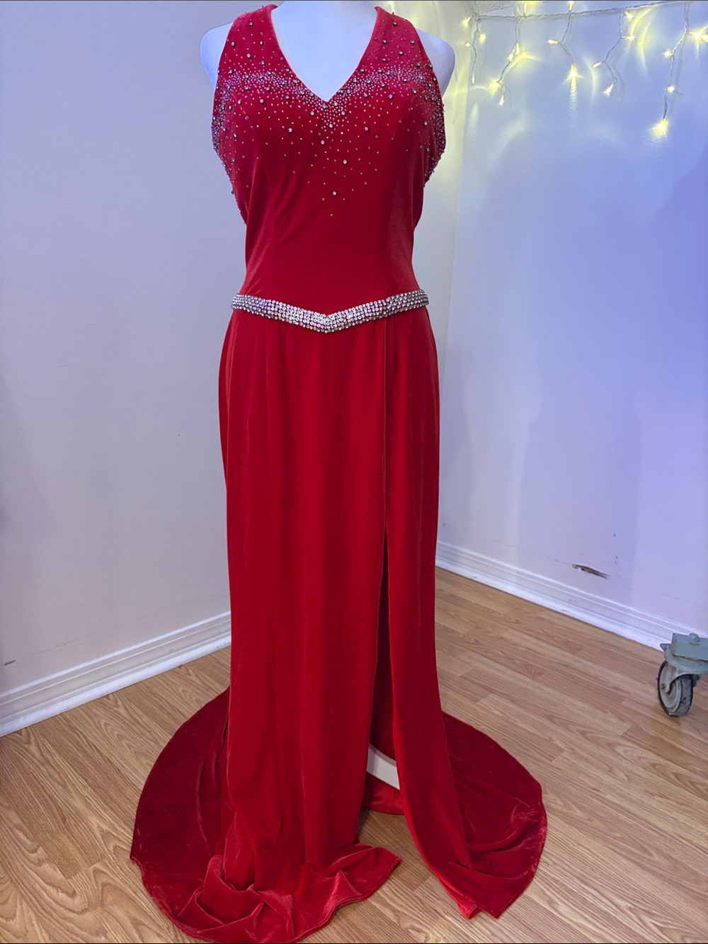 Prima Donna Red Beaded V-Neck Prom Gown